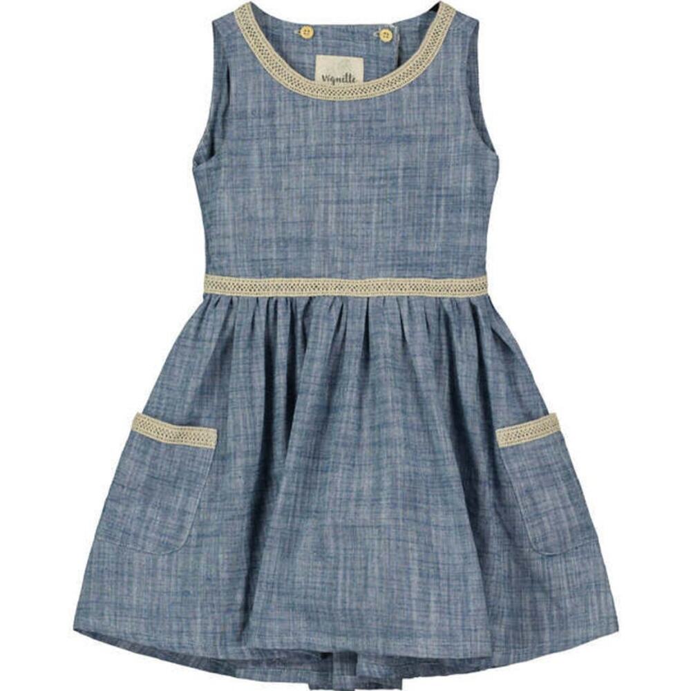 Vignette Nina Dress in Chambray Girls Size 5Y Blue Cotton Lace Trim Open Back